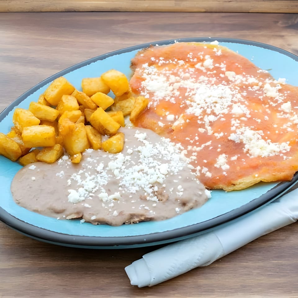La Familia Cafe's enchiladas with red sauce, refried beans, and home fries on a blue plate.